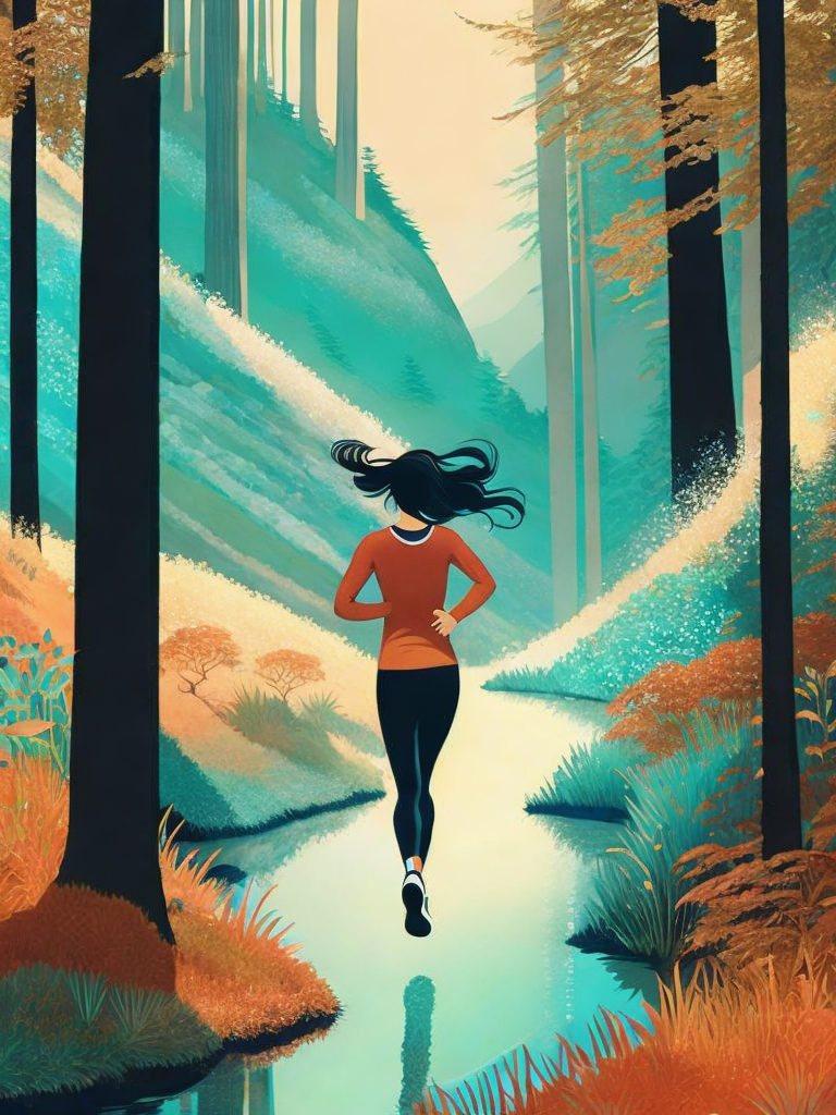 01063-1726544587-an illustration of a woman running through a forest with a stream running through it by Victo Ngai.png